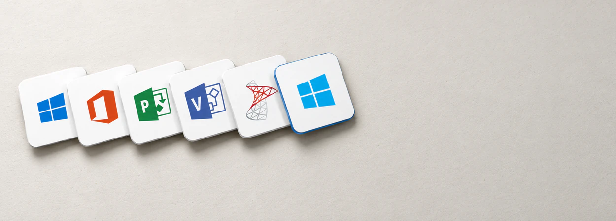 Windows, Office, Project, Visio and SQL Server licence cards in a row
