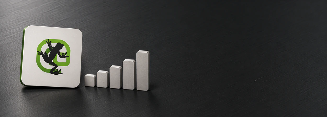 Screaming Frog card beside a rising bar chart