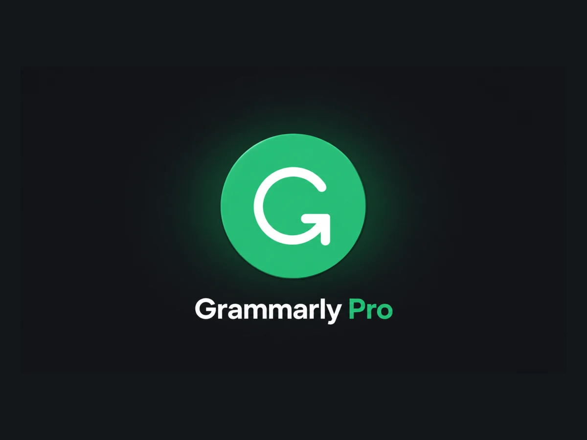 White G on a green circle with the Grammarly Pro wordmark on a dark background: Grammarly Pro 1 Year Subscription