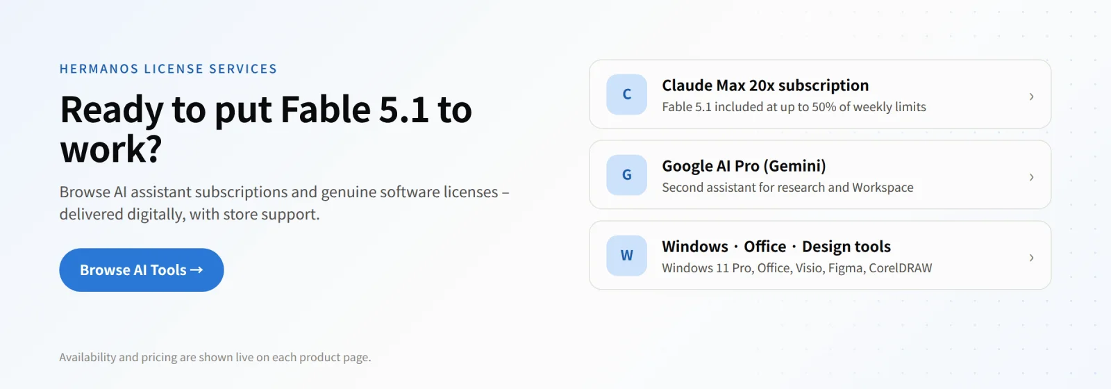 Hermanos License Services banner inviting readers to browse AI tool subscriptions &ndash; Claude Max 20x with Fable 5.1 included at up to 50% of weekly limits, Google AI Pro (Gemini), and Windows, Office and design-tool licences