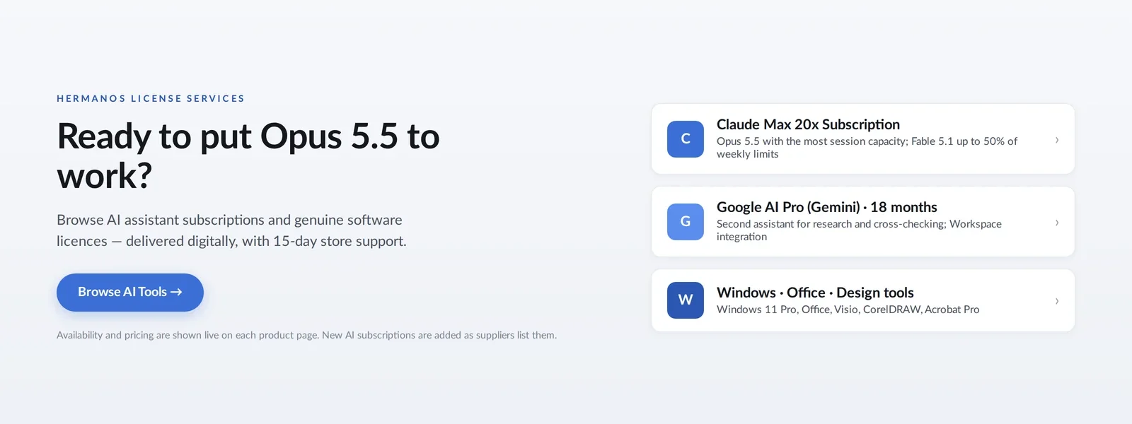 Hermanos License Services banner: ready to put Claude Opus 5.5 to work, with links to Claude Max 20x, Google AI Pro and design software in the AI Tools category